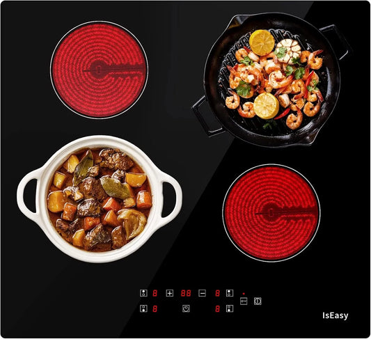 Plaque de cuisson, Table de cuisson Electrique 60cm, Vitrocéramique 4 Feux Encastrable, puissance 6000W, 9 Niveaux de Puissance, Minuteur