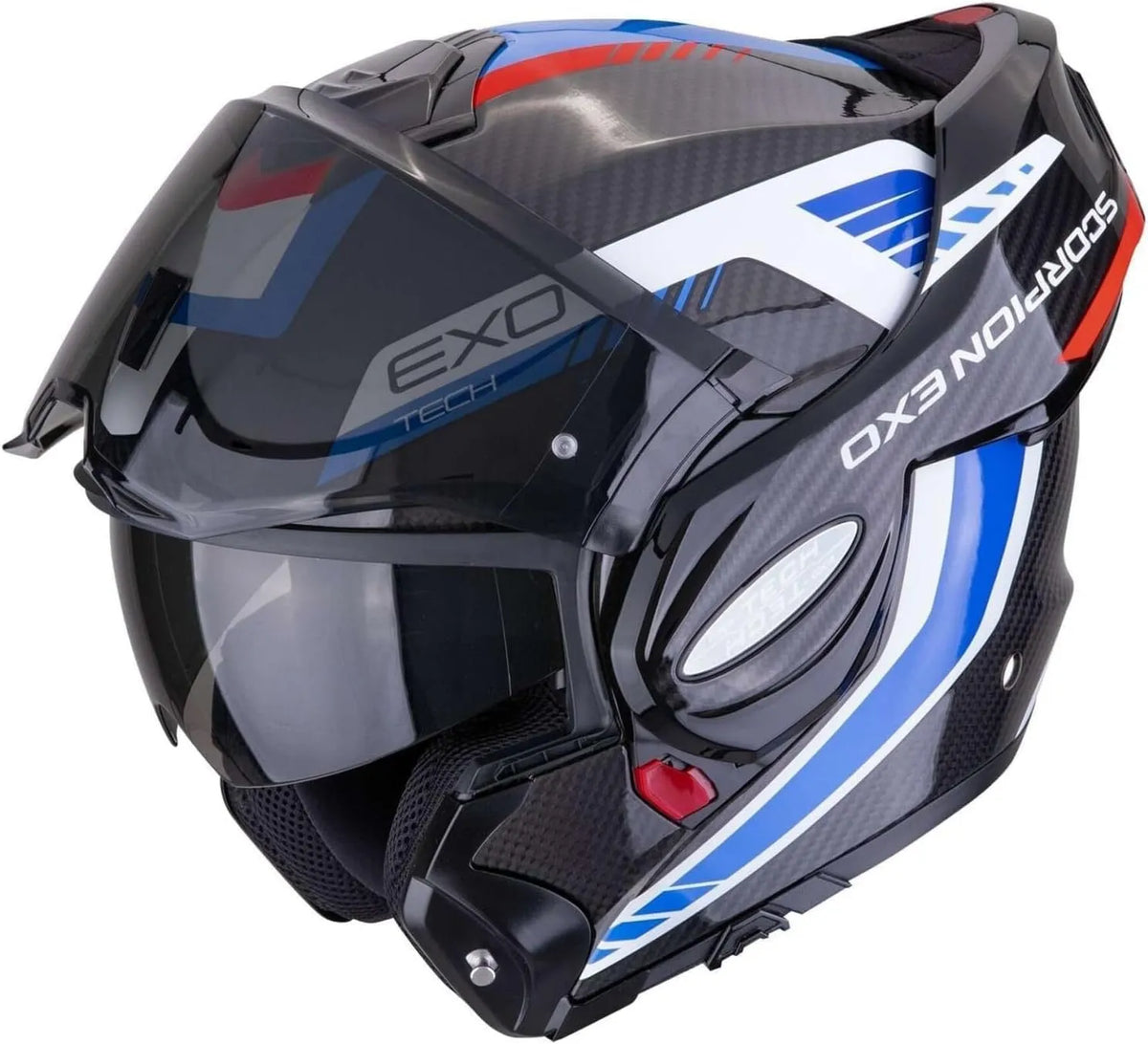 Casque moto MODULABLE 180 Scorpion, ° EXO-Tech Evo Carbon Solid Cosy finition noire Bleu Rouge