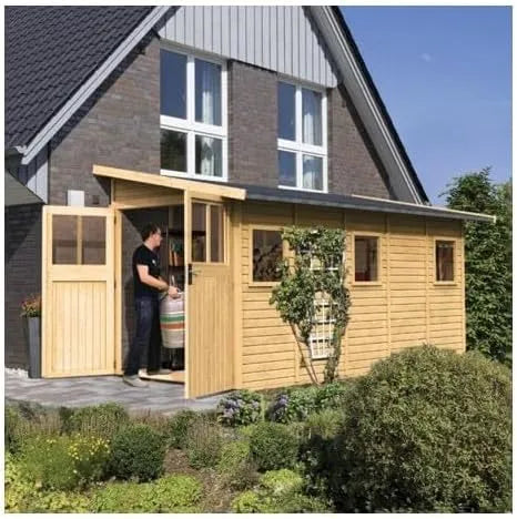 Abri de jardin, Karibu Juist 5, Adossé en Bois Massif 8m², 19mm, Toiture en Pente, Fenêtres Plexi, Porte Semi-Vitrée, Marron