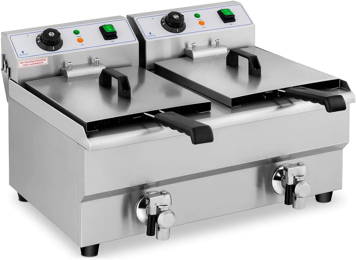 Royal Catering, Friteuse Électrique 2 x 10 L Zone Froide Thermostat De Restaurant Double, Avec Robinet Professionnelle Commerciale
