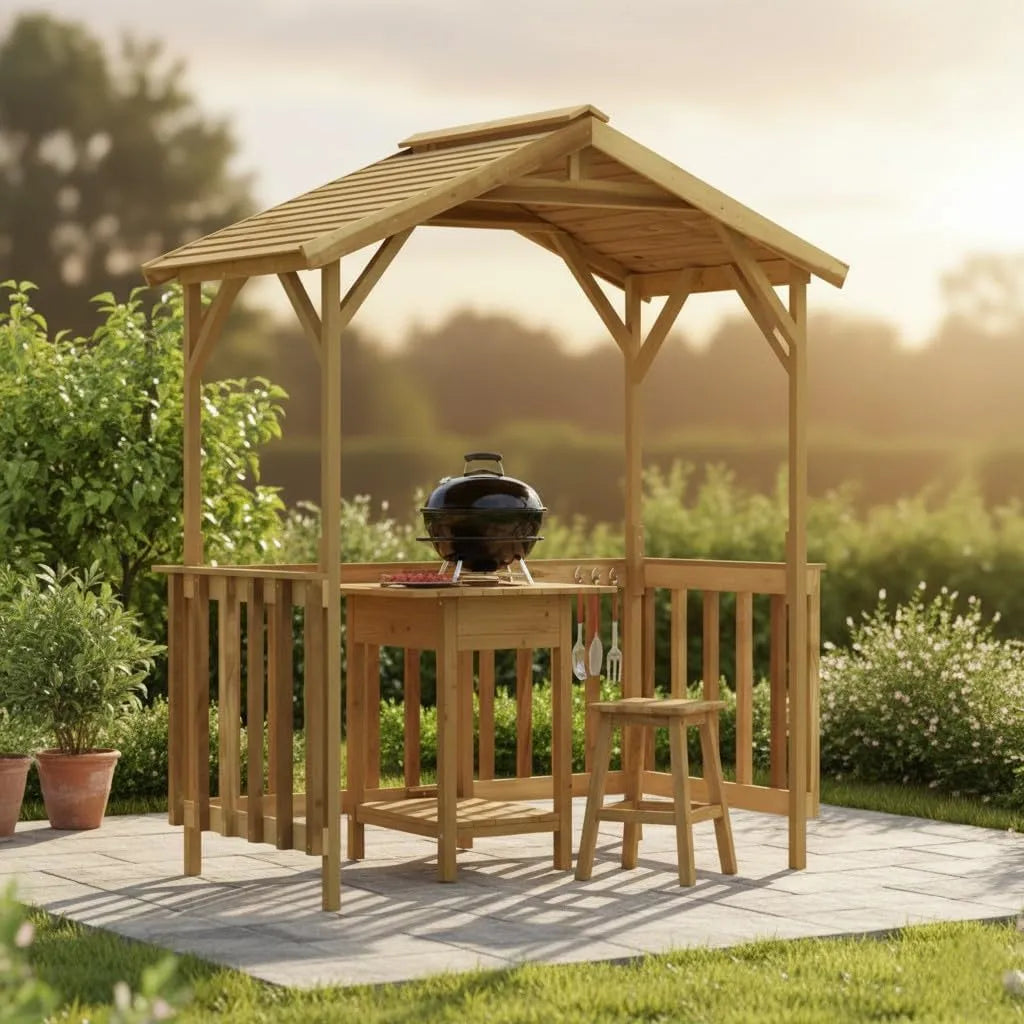 Barbecue, dimensions 163,5 x 93 x 210 cm, Pavillon de Jardin en pin imprégné, avec Toit en Pente, idéal pour Les barbecues et Les fêtes en Plein air.