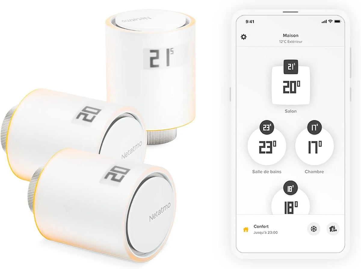 De 3 Têtes Thermostatiques Intelligentes Netatmo Pack, Accessoire pour Thermostat Connecté, Contrôle du Chauffage à Distance, Économie d'Énergie
