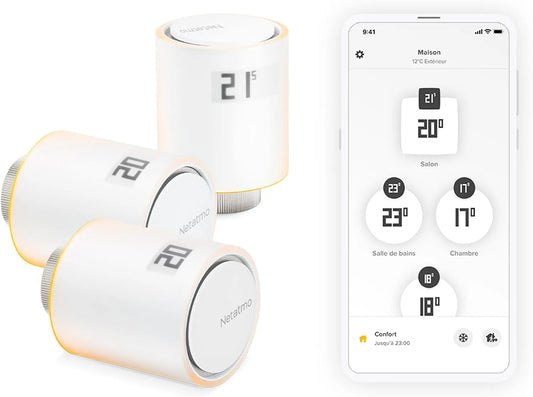 De 3 Têtes Thermostatiques Intelligentes Netatmo Pack, Accessoire pour Thermostat Connecté, Contrôle du Chauffage à Distance, Économie d'Énergie