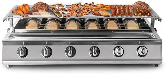Barbecue à gaz, portable avec 6 brûleurs, Grande surface de cuisson antiadhésive pour jardin, terrasse, camping et extérieur