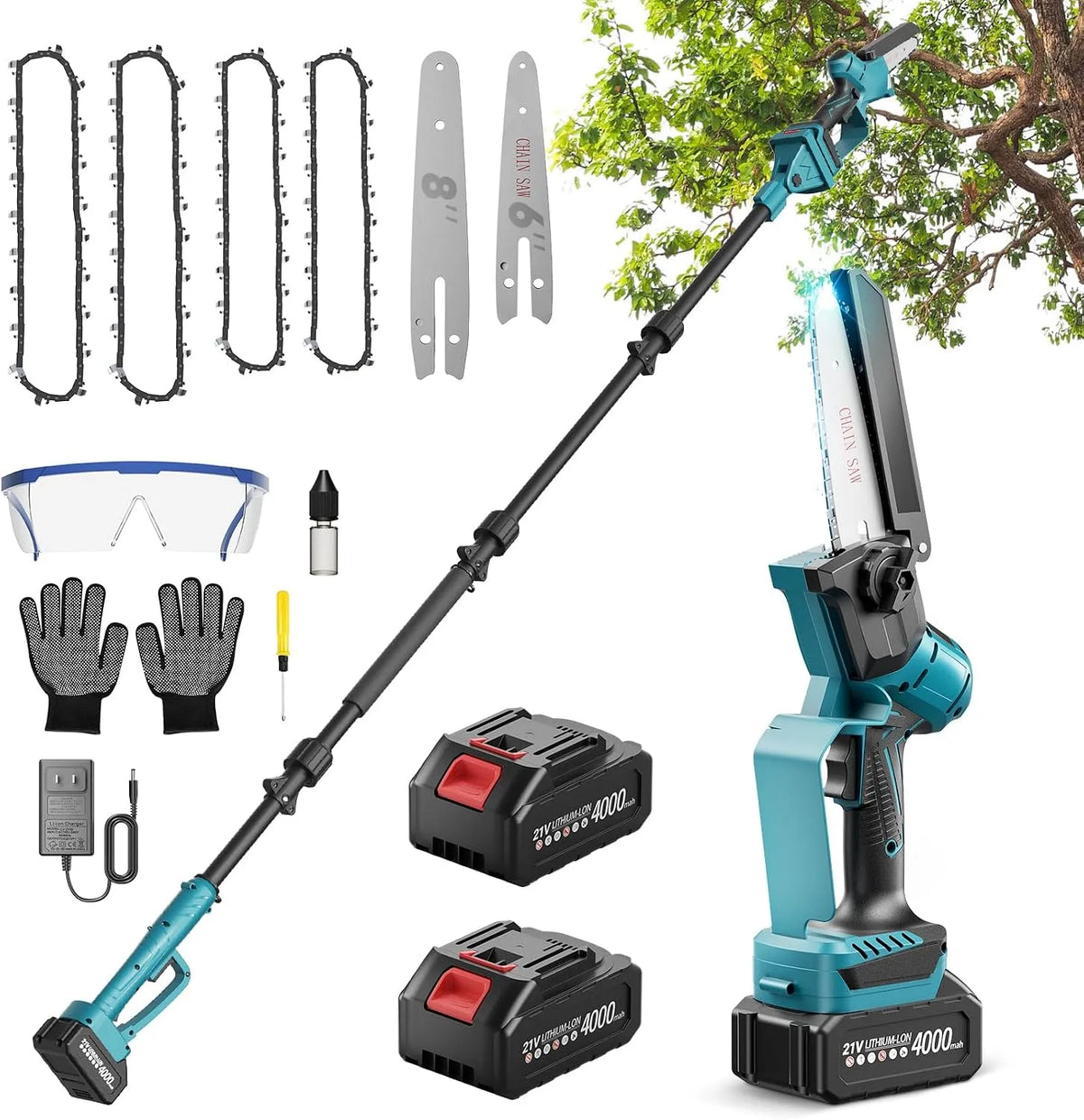 Tronçonneuse 4000 14.1FT, 2 in 1 Perche Élagueuse 6 et 8 Pouces, 4000 mAh, Mini avec 2 Batteries mAh, le Branches et le Bois