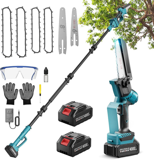 Tronçonneuse 4000 14.1FT, 2 in 1 Perche Élagueuse 6 et 8 Pouces, 4000 mAh, Mini avec 2 Batteries mAh, le Branches et le Bois