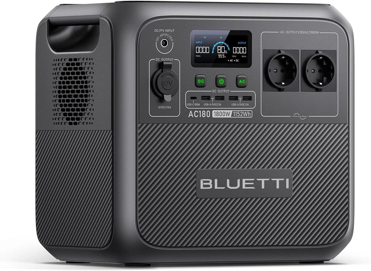 Générateur électrique AC180 LiFePO4 BLUETTI, 1152Wh Batterie avec 2 Sorties CA 1800W, Électrique Portable, RV, Recharge de 0-80% en 45 Min