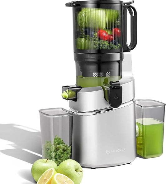 Extracteur de jus AMZCHEF, Ouverture de 145 mm et capacité de 1,8 L de fruits et légumes entiers, automatique Vos mains libres, finition argenté