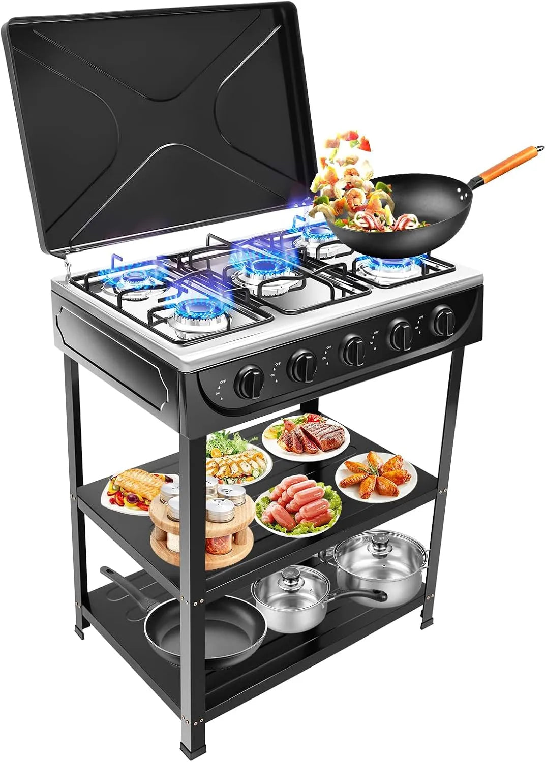 Barbecue à gaz MINRS, 5 Brûleurs avec Couvercle, Brûleurs Individuels à Réglage Indépendant, Station de Barbecue avec Réchaud, finition noire