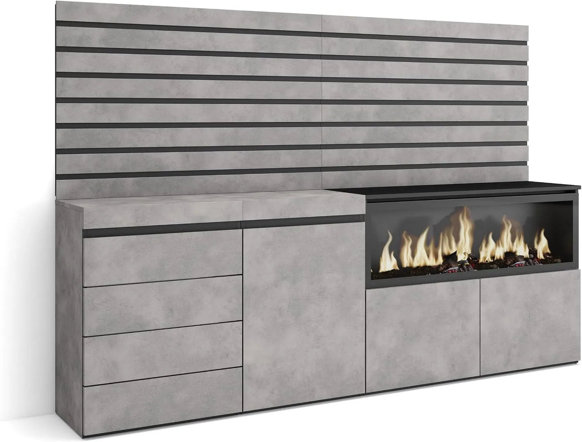 Cheminée électrique, dimensions 214x145x35 cm, Meuble de Rangement, Skraut Home, Buffet, Bahut, Chambre à Coucher, pièce, XXL