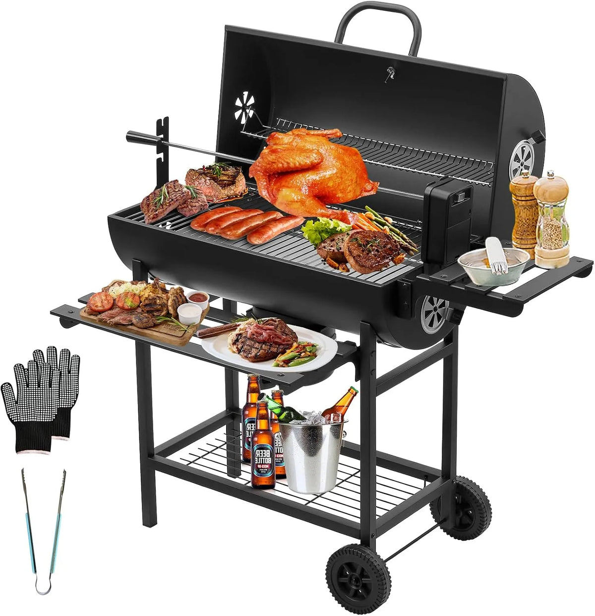 Barbecue TEENO Chariot à, Grill XXL à Charbon avec Couvercle, Tiroir à Cendres, Évent Réglable, with chicken grill, de Bois, Thermomètre, Upgraded
