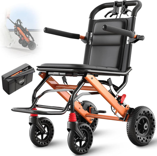 Chaise U41, Fauteuil roulant de transport avec pneus Honeycomb 20cm pour tous les terrains, Voyage en avion, Orange