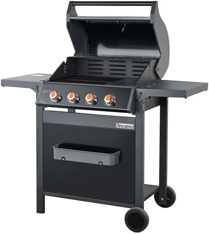 Barbecue BRASERO, Puissance de 12,6 kW, SPRING II 4 Feux, 1/4 plaque Fonte, 4 Brûleurs à gaz, Jusqu'à 12 convives, Surface de cuisson mixte