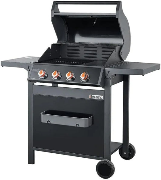 Barbecue BRASERO, Puissance de 12,6 kW, SPRING II 4 Feux, 1/4 plaque Fonte, 4 Brûleurs à gaz, Jusqu'à 12 convives, Surface de cuisson mixte