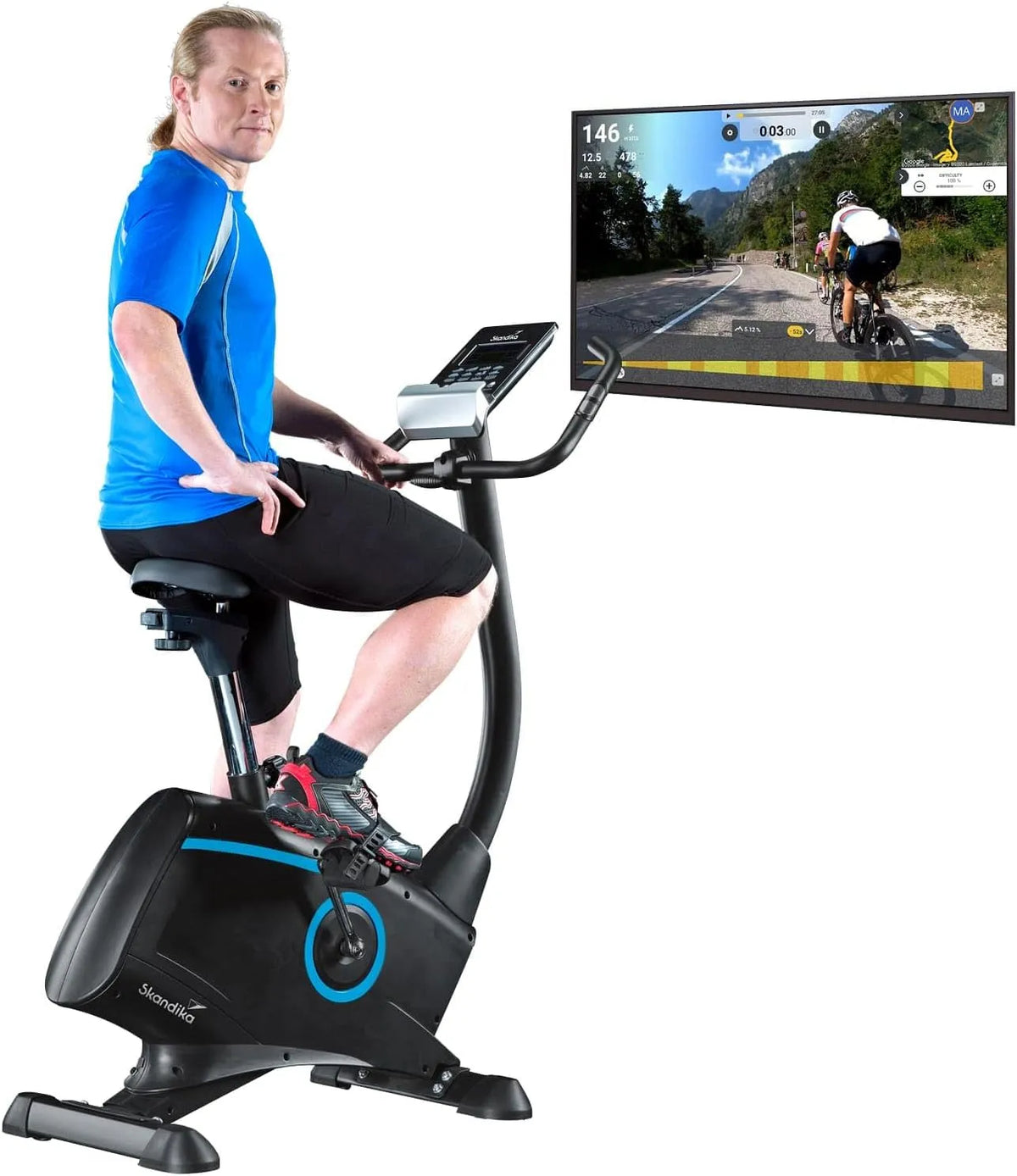 Vélo Skandika, 15 Programmes, Masse d'inertie 10KG, Freinage Magnétique Silencieux, Kinomap, Max 150KG, 32 Niveaux de Résistance, Écran LED