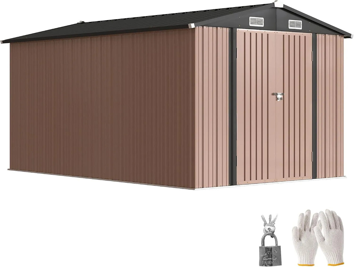 Abri de jardin Outsunny, 8,1 m² en Acier galvanisé avec Prises d'air, dimensions 238 x 364 x 194 cm, Toit incliné, Gants, Marron
