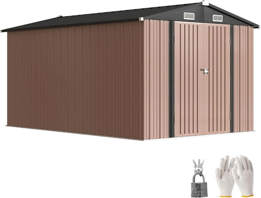 Abri de jardin Outsunny, 8,1 m² en Acier galvanisé avec Prises d'air, dimensions 238 x 364 x 194 cm, Toit incliné, Gants, Marron