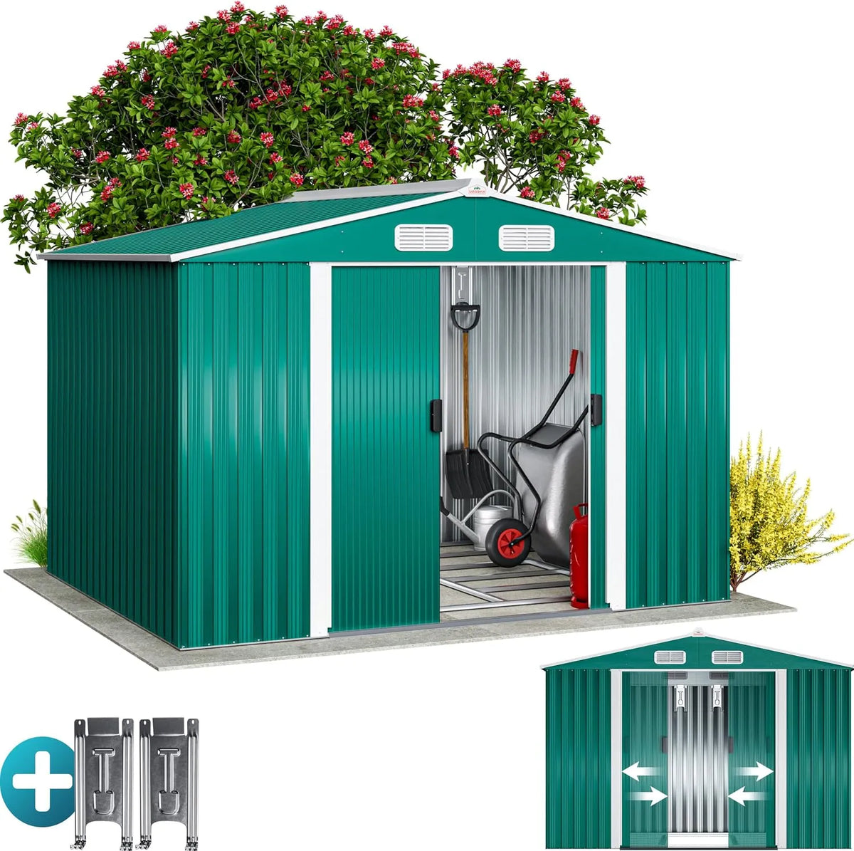 Abri de jardin, métal XXL 5m² Fondation 260x205x180cm Porte coulissante Vert cabane de Jardin cabanon Rangement Outils 9m³