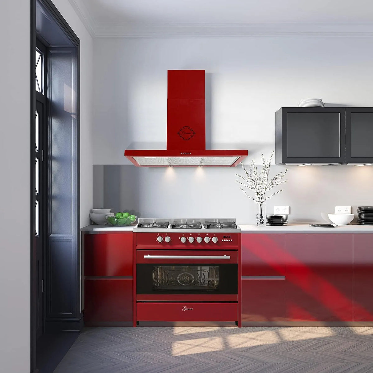 Cuisinière, gaz naturel+hotte aspirante 90 cm, hotte murale, 1000m³/h, capacité 121L, Range Coocker, propane, rouge