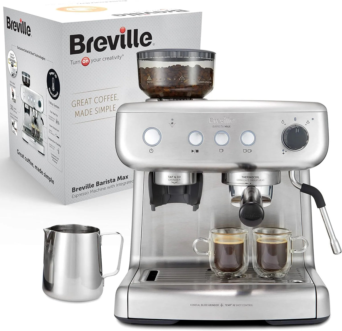 Machine à café VCF126X Breville Barista Max, buse à vapeur pour faire mousser le lait & pompe italienne de 15 bars, machine à expresso