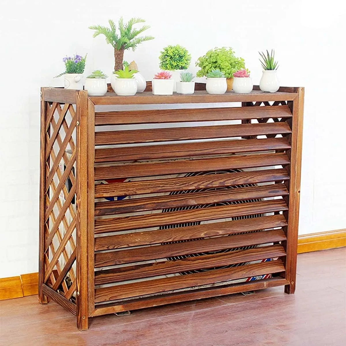 Climatiseur Cache, Dimensions: 110 x 50 x 105 cm, extérieur et paravent, Support à Plantes et étagère à Fleurs en Bois, Volets Marron