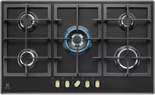 Electrolux plaque de cuisson KGS 9536 RN, de cuisson à gaz finition fonte noire et poignées bronze 90 cm