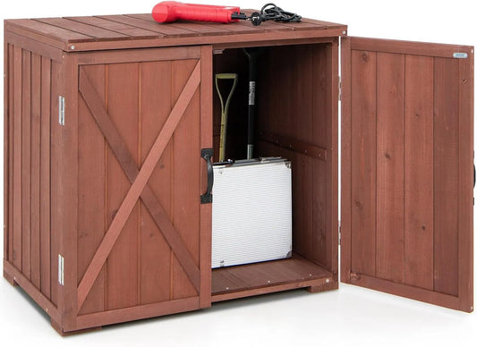Abri de jardin, dimensions 77 x 56 x 72 cm, résistant aux intempéries, Café, armoire en bois avec double portes et 2 poignées