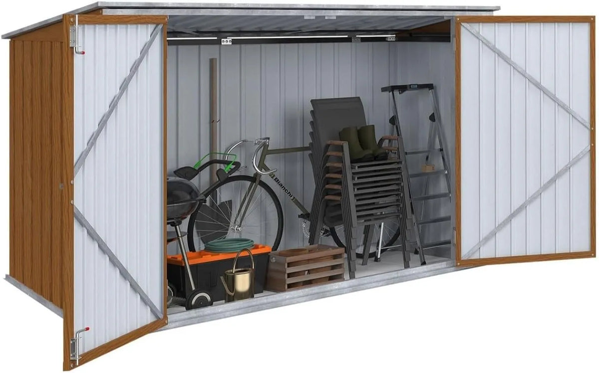 Abri de jardin, en métal Effet Bois verrouillable Multi-Rangement pour Stockage vélos, Outils, poubelles
