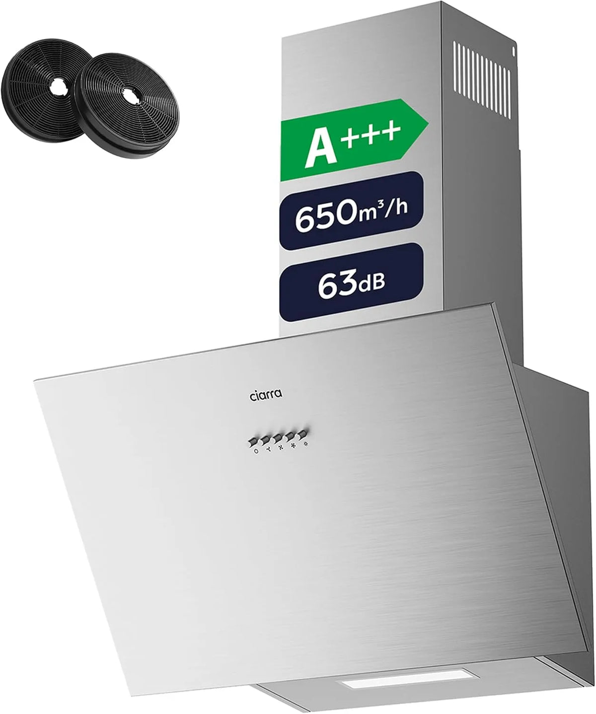 CIARRA hotte aspirante CBCS6762A, Inclinée 60cm, classe énergétique A+++, Evacuation ou Recyclage, Hotte de Cuisine 3 niveaux de vitesse, 650m³/h
