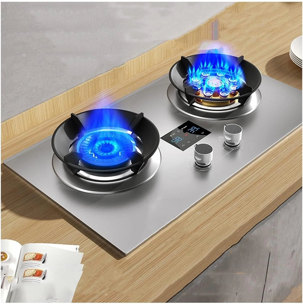 Cuisinière à gaz, Portable Gaziniere Gaz, Color: Silv, De Table Ou Encastrable, Double Brûleur Avec Fonction Minuterie, De Cuisine Facile À Nettoyer
