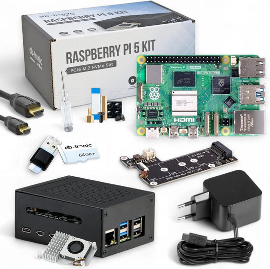 Modèle Kit pour Raspberry Pi 5 16 Go M.2 db-tronic NVMe, Alimentation 27 W, idéal pour Home Assistant et Le Smart Home, Refroidissement Actif