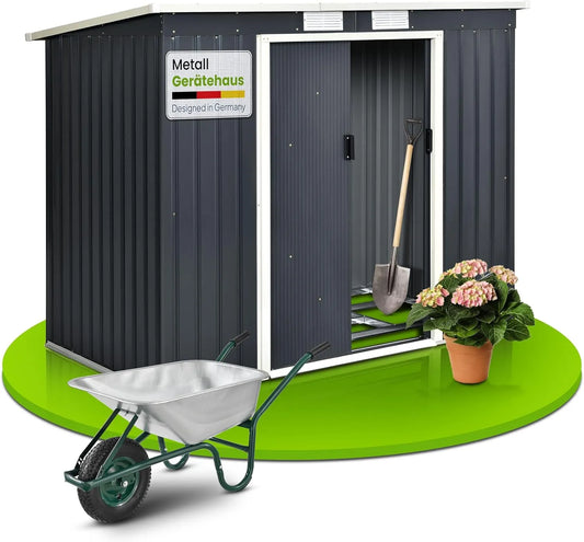 Abri à outils, en métal de 4m³ avec Toit en Pente, dimensions 213x130x173cm, Abri de Jardin en Acier, Porte coulissante et Fondation, finition grise