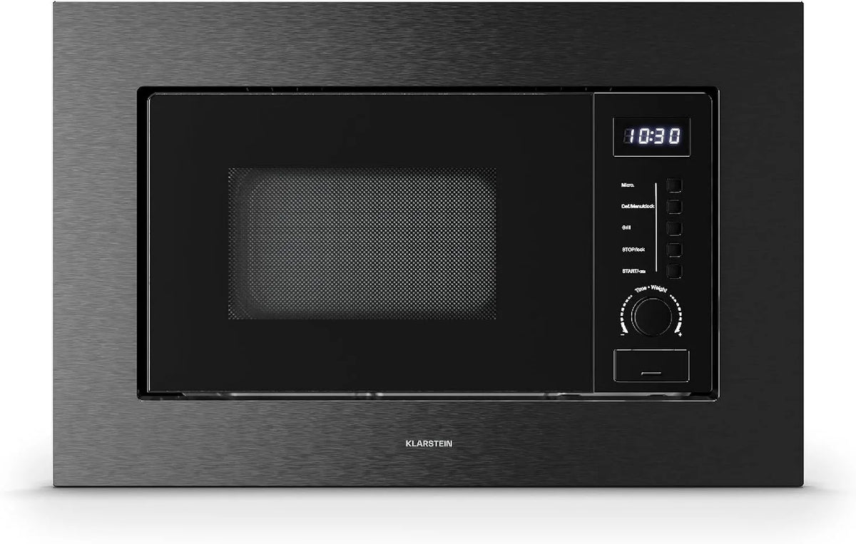 Klarstein four, capacité 20L, Verosteel Micro Onde Encastrable avec Grill, Acier Inox, Acier Inoxydable finition noire, 8 Programmes, puissance 700W
