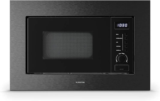 Klarstein four, capacité 20L, Verosteel Micro Onde Encastrable avec Grill, Acier Inox, Acier Inoxydable finition noire, 8 Programmes, puissance 700W