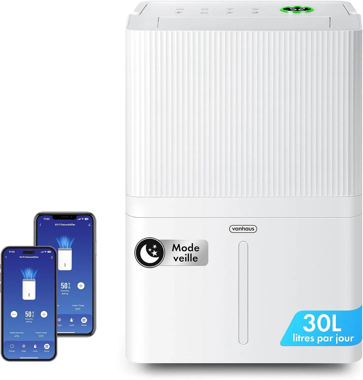 Déshumidificateur VonHaus, d'air Électrique pour Salle de Bain 30 L, Réservoir d'Eau de 5,3 L, Jour, avec Wi-Fi, pour Condensation, Séchage du Linge