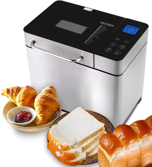 Machine à pain, puissance 710 W, 19 programmes de cuisson, Pour 500 g, 750 g, 1000 g, 15 heures, en acier inoxydable, Fonction de maintien au chaud