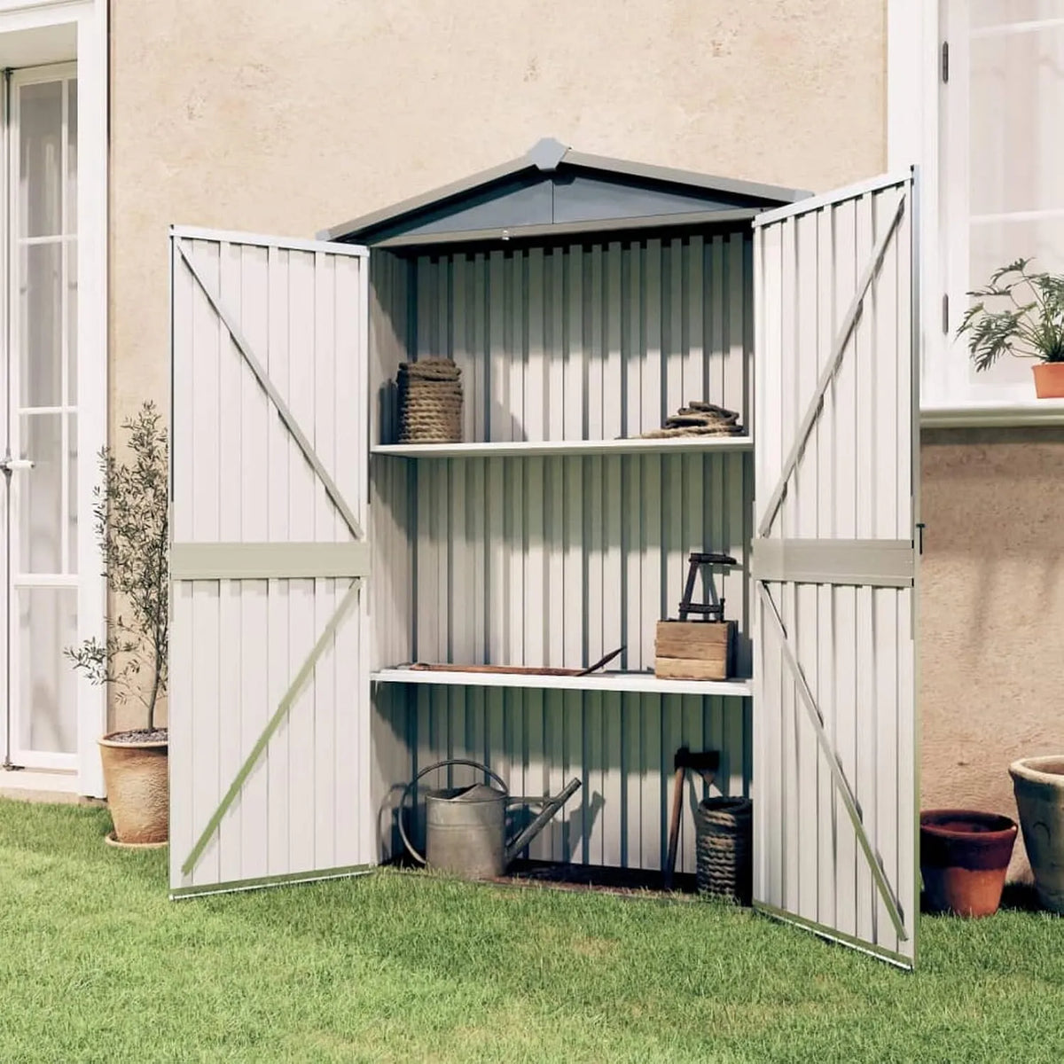 Abri de jardin, Ventilation, en Métal finition grise 116x45x175cm, Rangement Extérieur, Double Porte, Étagères