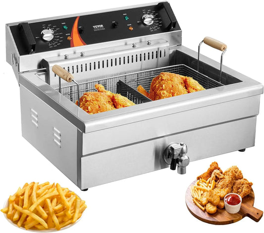 Vevor Friteuse commerciale 2250 W, grande capacité 20 L pour cuisine, friteuses à bain d'huile électrique avec panier, restaurant, finition argentéeé