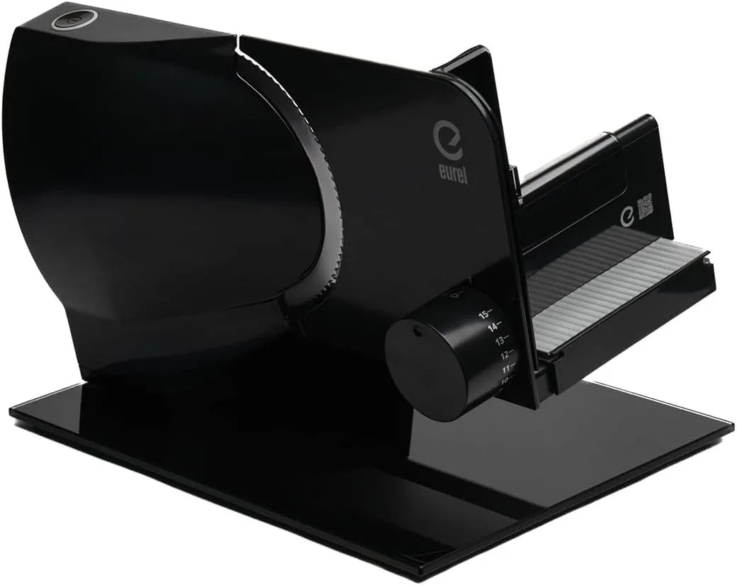 Trancheuse RS92 EUREL, Moteur CC EcoDrive 80 W, Épaisseur Réglable 0–15 mm, Électrique Noire, à Jambon, Pain et Charcuterie, Lame Inox