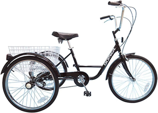 P2R 100kgs nf30020, avec Panier Poids Total Maxi empattement 0,80m, Tricycle Adulte 24' finition noire 5 niveaux de vitesse, Homologation