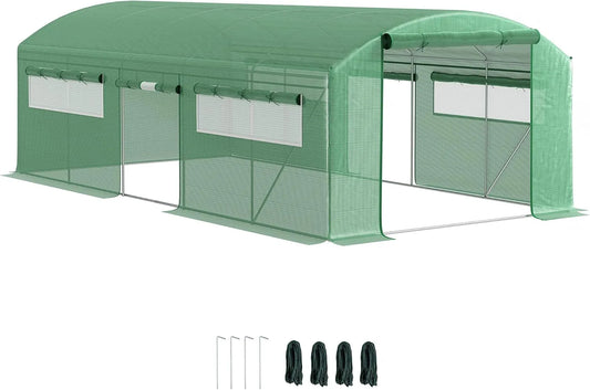 Outsunny Serre tunnel avec 3 portes roulantes, 6 fenêtres, acier galvanisé et PE Serre pour jardin et plantes, vert, dimensions 6x3x2 m