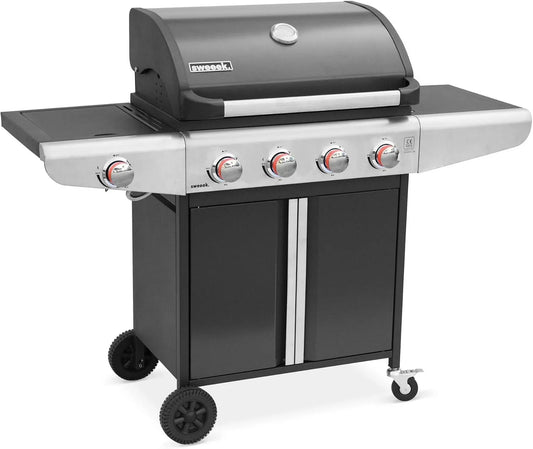 Barbecue Alice's Garden, Cuisine extérieure 5 brûleurs dont 1 feu latéral, au gaz, avec tablettes et thermomètre. rangement. roues
