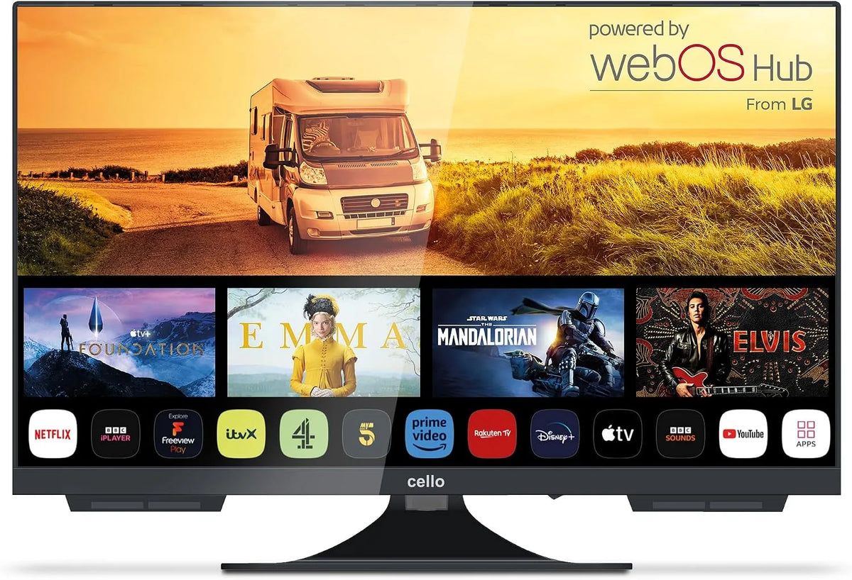 Téléviseur C2224WS Cello, Intelligent sans Cadre 22 Pouces 12 Volts, WebOS Rapide, Haut-Parleur Bluetooth à tonalité