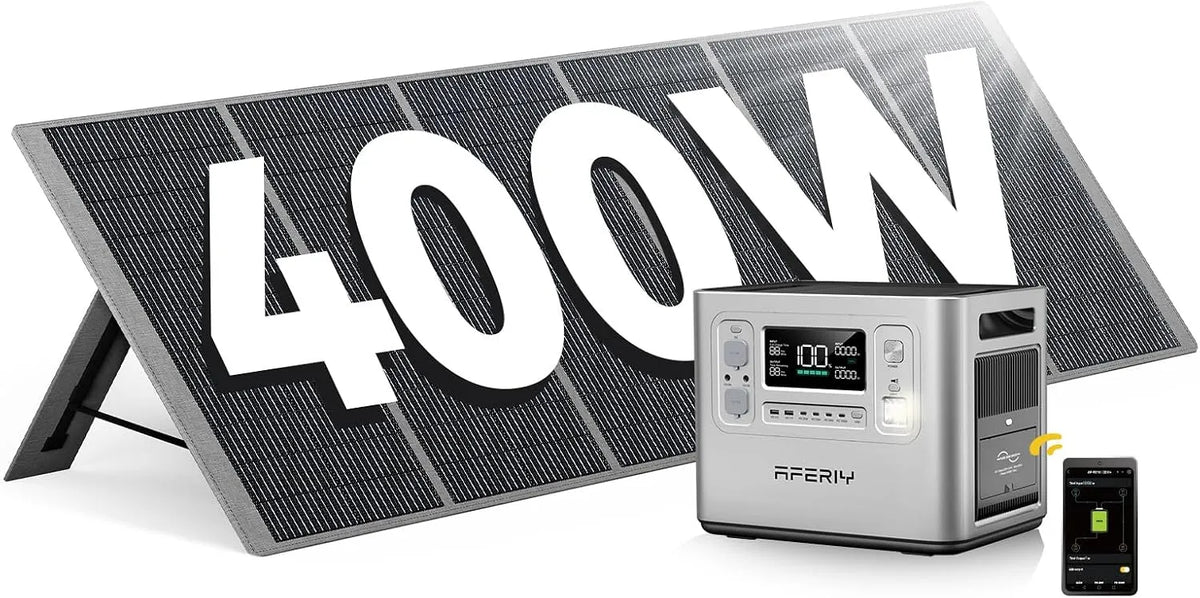 Modèle Electrique avec Panneau Solaire Portable LiFePO4 220V-240V AFERIY Generateur, Station Énergie Portable 2048Wh, Batterie, Voyage en Plein Air