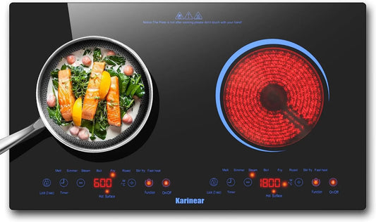 Plaque de cuisson 220-240V, Electrique Posable 2 Foyers, de Cuisson Electrique Portable avec Prise, Verrou de sécurité, Karinear, Minuterie