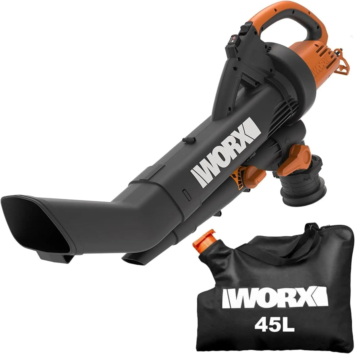 Worx souffleur de feuilles WG505E, Aspirateur Broyeur 3000W, Outil 3 en 1, Vitesse de soufflerie de 335km, 335km/h, Sac de 45L, Vitesse Variable