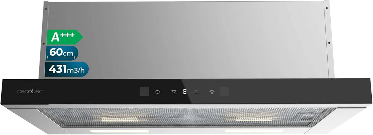Cecotec hotte aspirante 604400, 60cm Télescopique Bolero Flux TLT Glass Black A+++. Aspiration 431,2m³, 2m³/h, Moteur DC, Basse Consommation