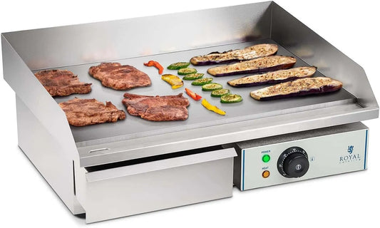 Modèle Plancha Electrique Lisse RCEG-55 Royal Catering, puissance 3.000W, dimensions 48x55x24cm, protection antiéclaboussures, dispositif d'écoulement