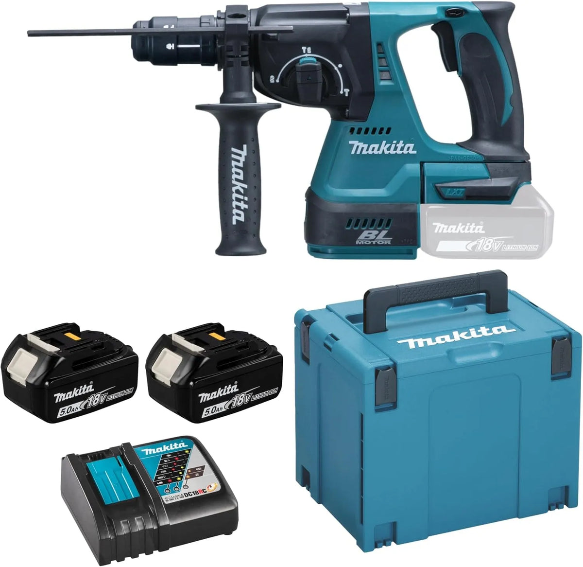 Makita modèle, 2J 2x5.0Ah DC18RC Makpac4, 24mm, poids 3.4kg, cu acumulator Li-Ion 18V, DHR243RTJ, Ciocan rotopercutor SDS Plus, incarcator