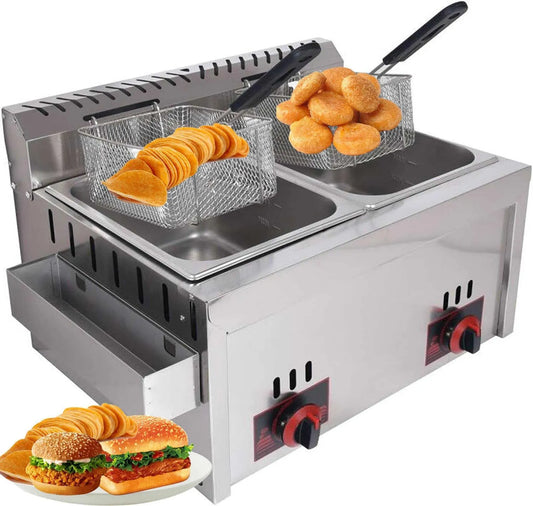 Gaz commerciale avec réglage manuel de la température Friteuse à, pour la friture de frites 10 L x 2, construction en acier inoxydable